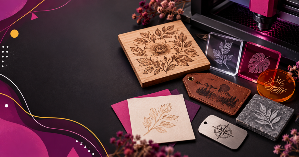 Wood, acrylic, glass, leather and metal examples suitable for laser engraving.
