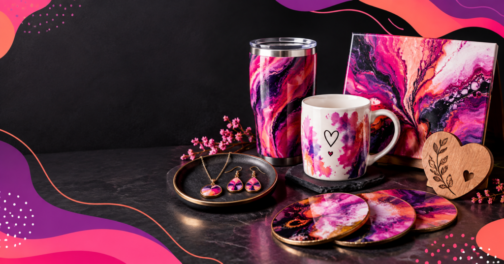 Personalized gifts including handmade jewelry, a custom tumbler, resin art and an engraved keepsake.